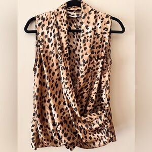 Calvin Klein Leopard Print Draped Blouse Sleeveless Satin Top Size M